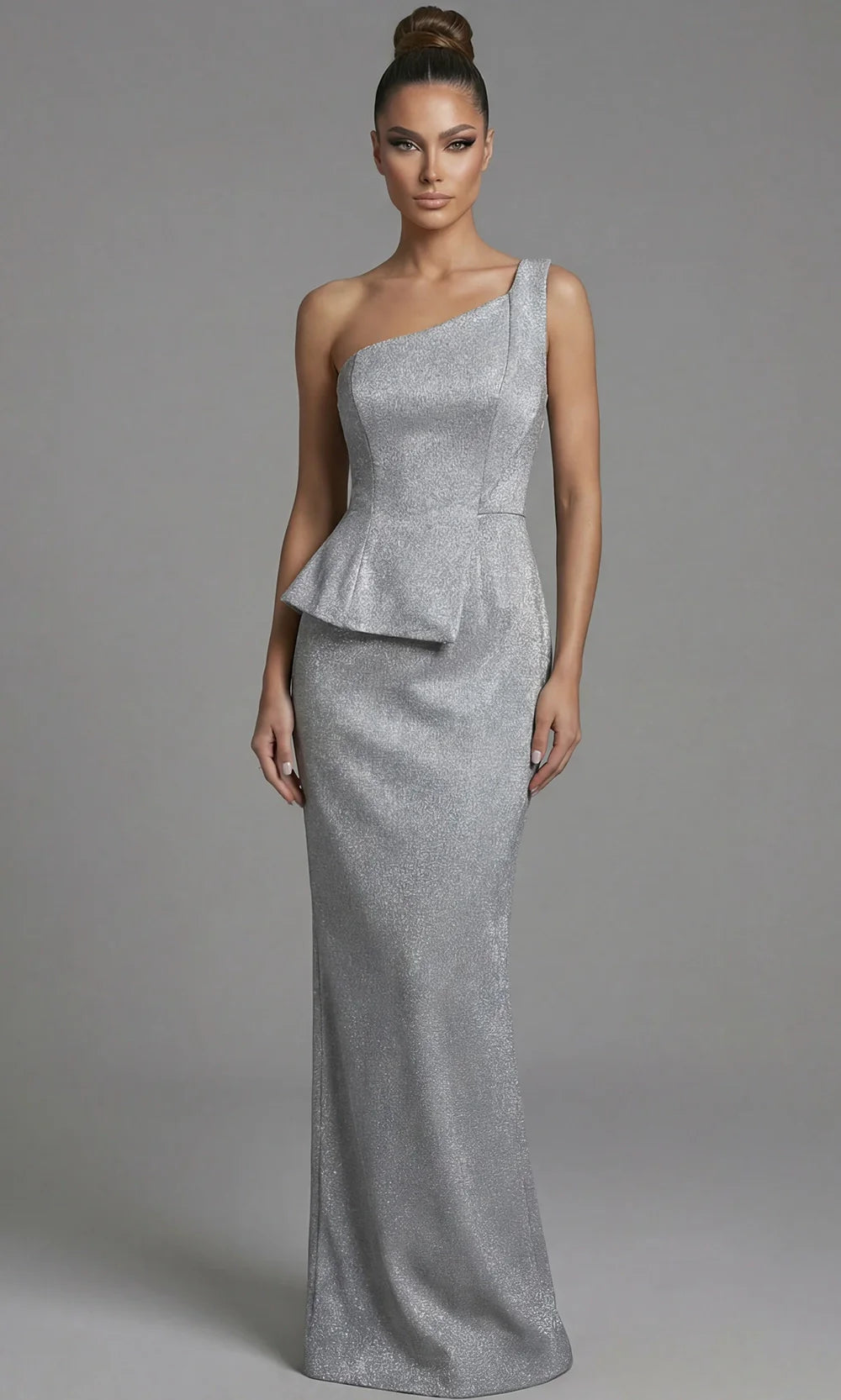 Jovani 49060 - Peplum Detail Asymmetric Long Gown with Slit Evening Dresses  in Silver  