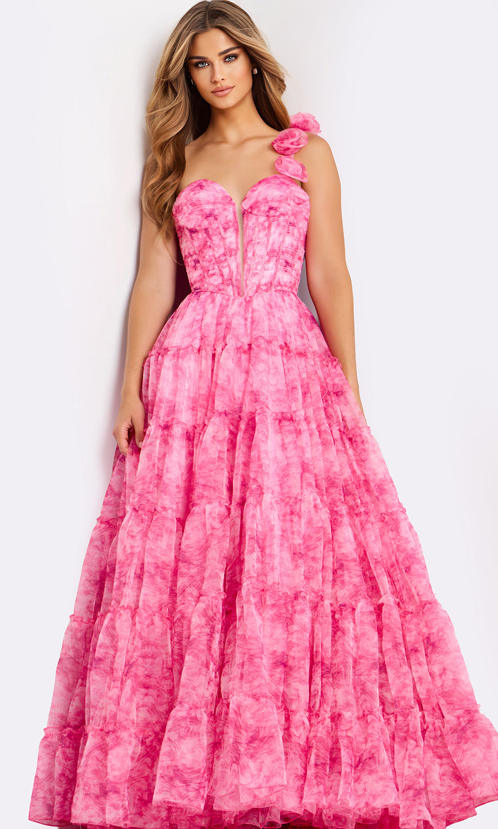 Jovani 49074 - Plunging Sweetheart Tiered Printed Gown Ball Gowns