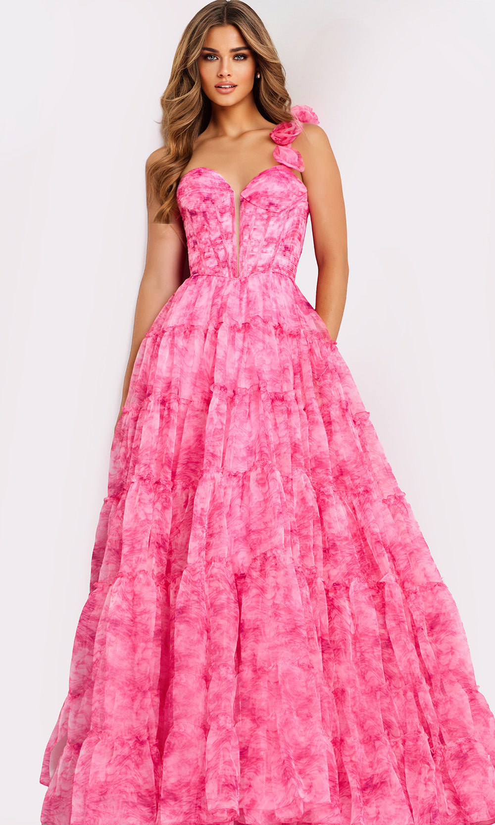 Jovani 49074 - Plunging Sweetheart Tiered Printed Gown Ball Gowns
