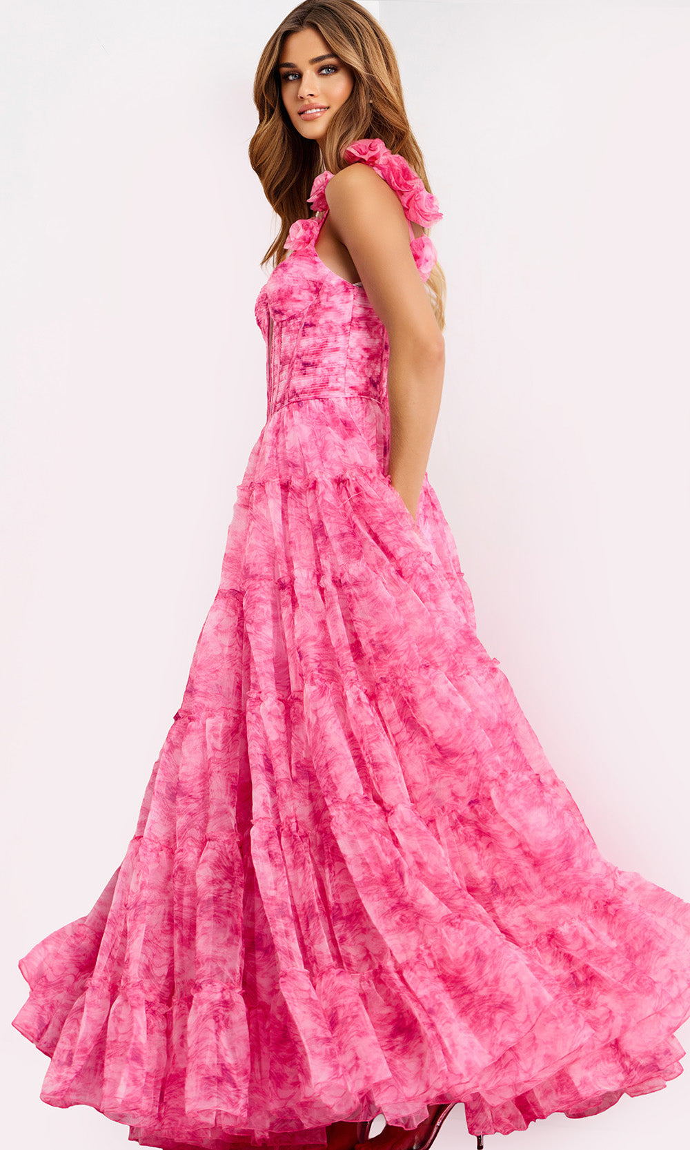 Jovani 49074 - Plunging Sweetheart Tiered Printed Gown Ball Gowns