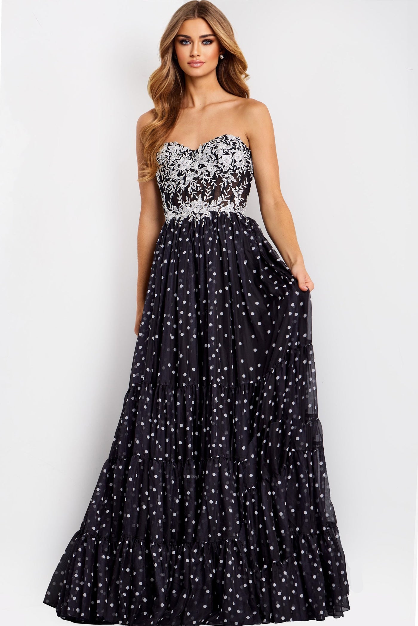 Jovani 49086 - Embroidered Corset Tiered Polka Dot Gown Prom Dresses In Black