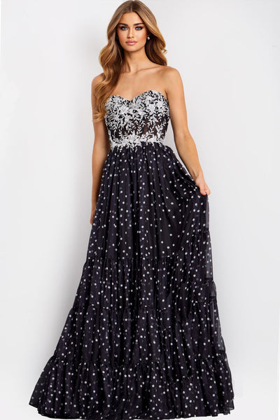 Jovani 49086 - Embroidered Corset Tiered Polka Dot Gown Prom Dresses In Black