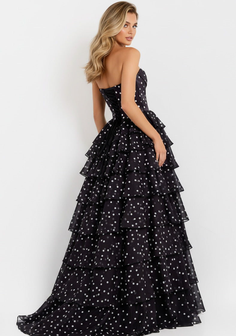 Jovani 49087 - Strapless Tiered Dress with Polka Dot Print Prom Dresses In Black