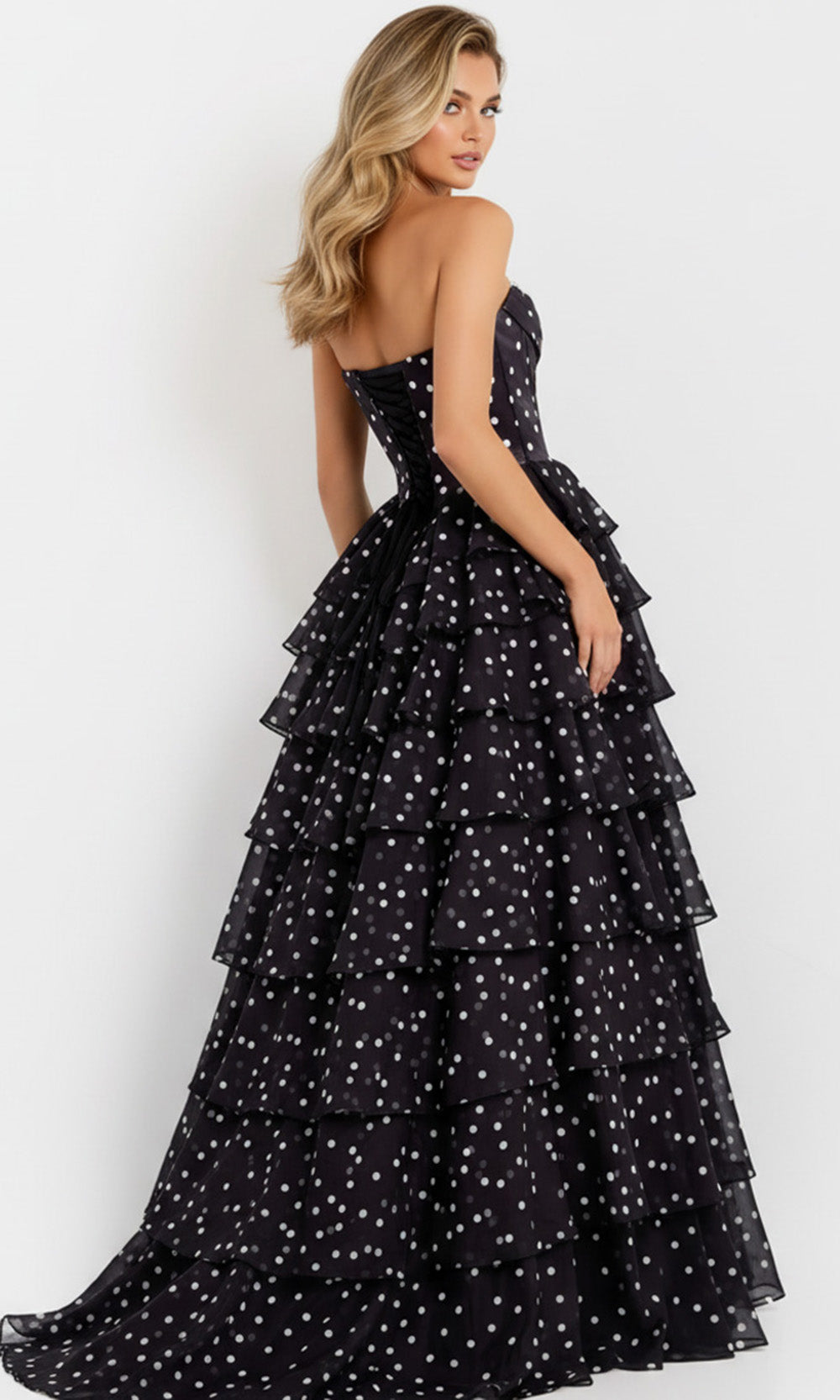 Jovani 49087 - Strapless Tiered Dress with Polka Dot Print