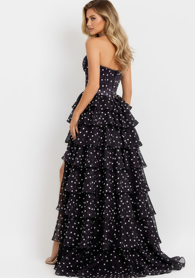 Jovani 49087 - Strapless Tiered Dress with Polka Dot Print Prom Dresses In Black