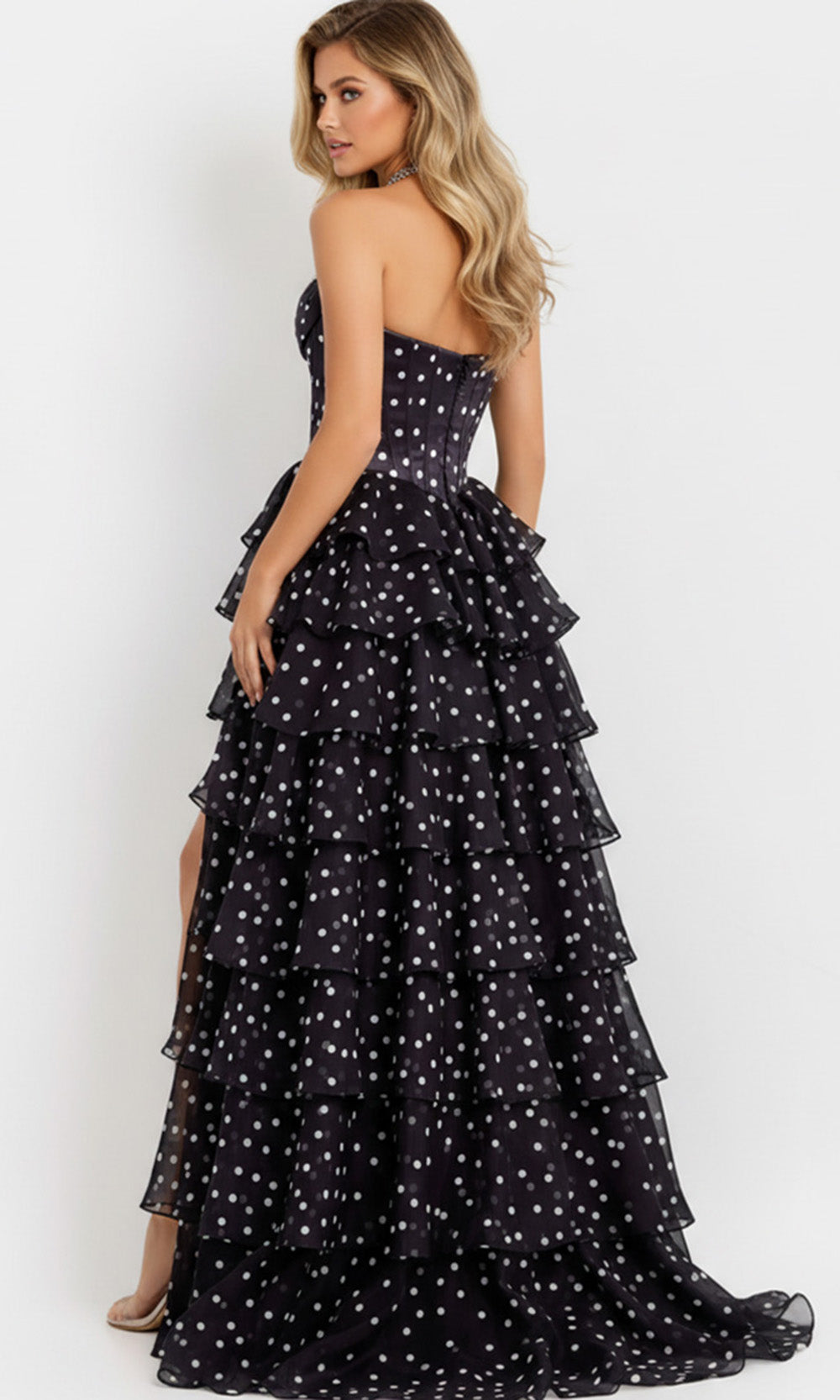 Jovani 49087 - Strapless Tiered Dress with Polka Dot Print