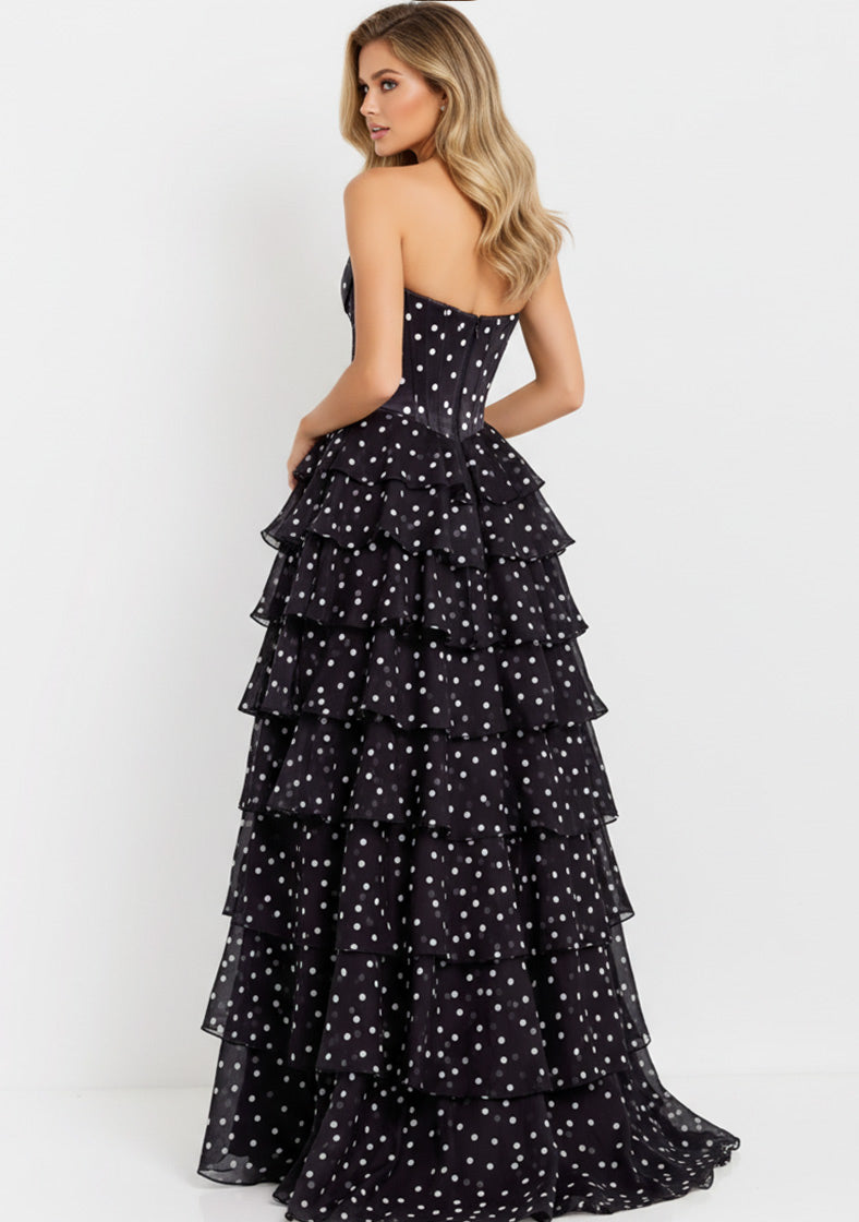 Jovani 49087 - Strapless Tiered Dress with Polka Dot Print Prom Dresses In Black