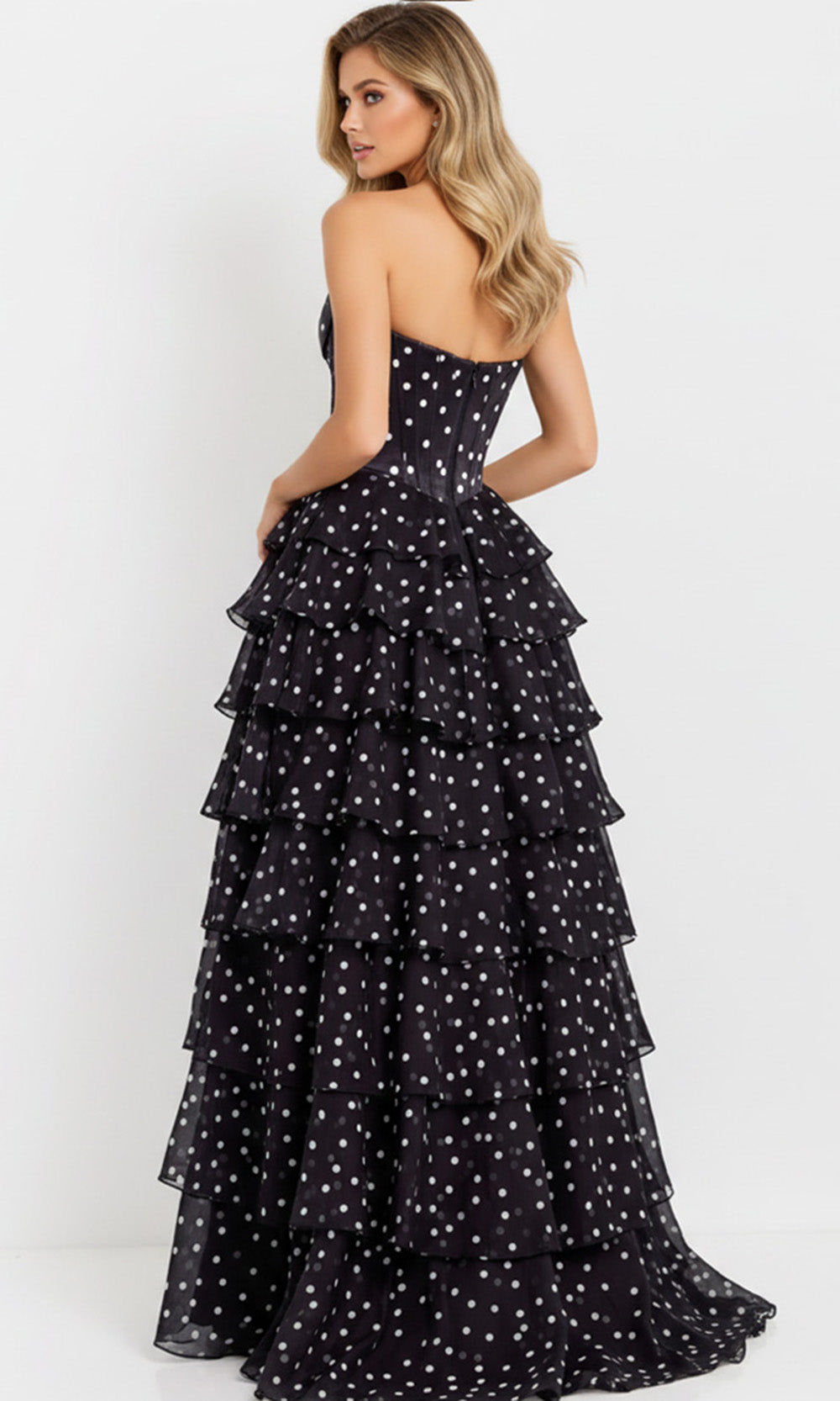 Jovani 49087 - Strapless Tiered Dress with Polka Dot Print