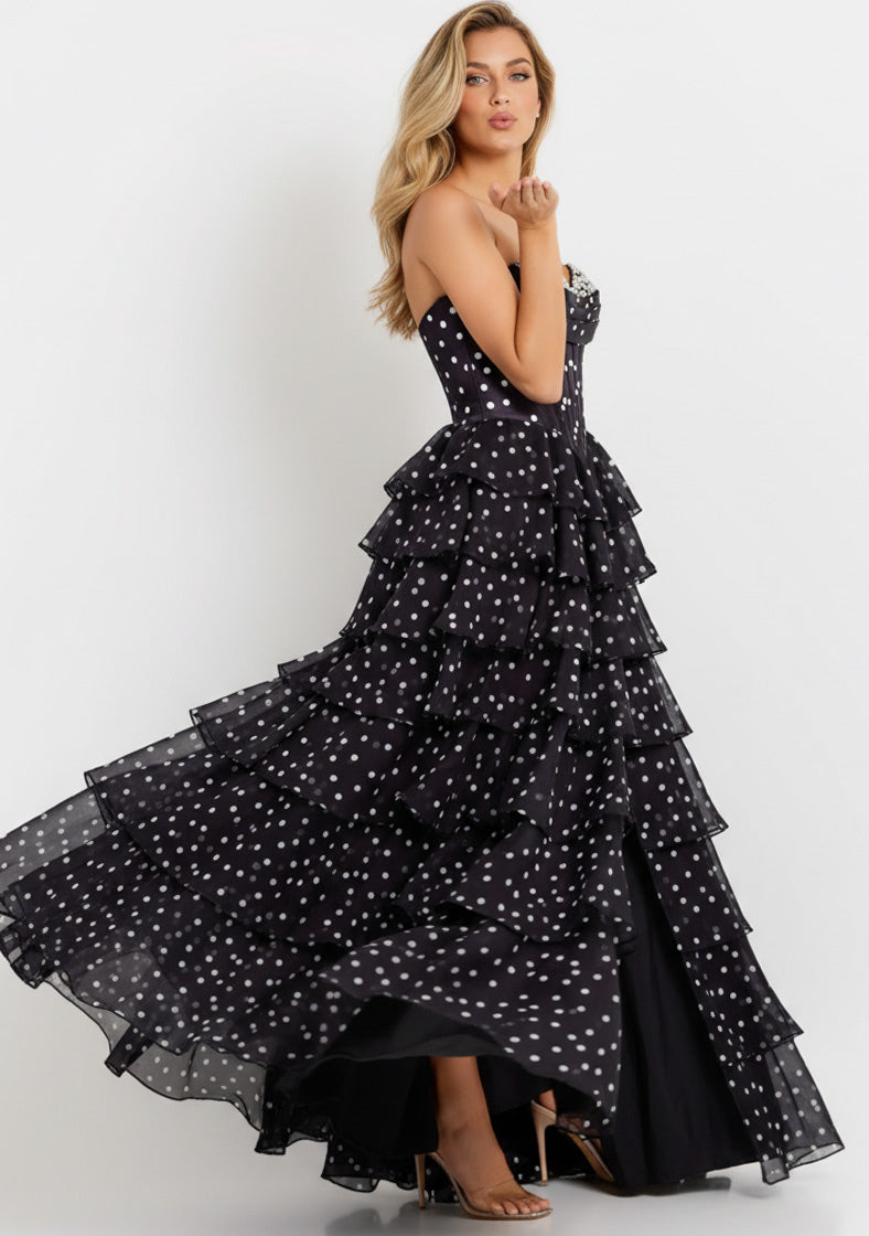 Jovani 49087 - Strapless Tiered Dress with Polka Dot Print Prom Dresses In Black