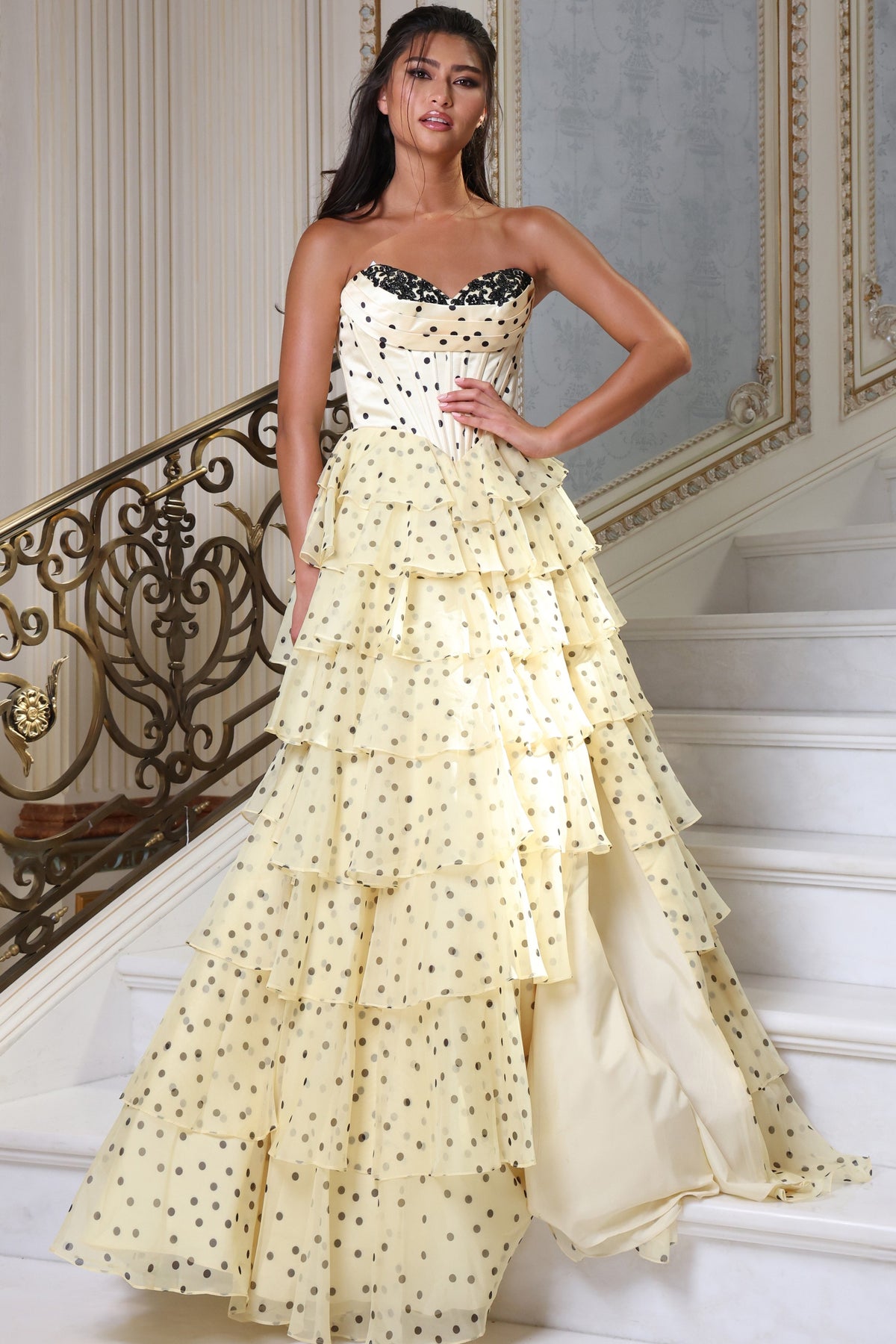 Jovani 49087 - Strapless Tiered Dress with Polka Dot Print