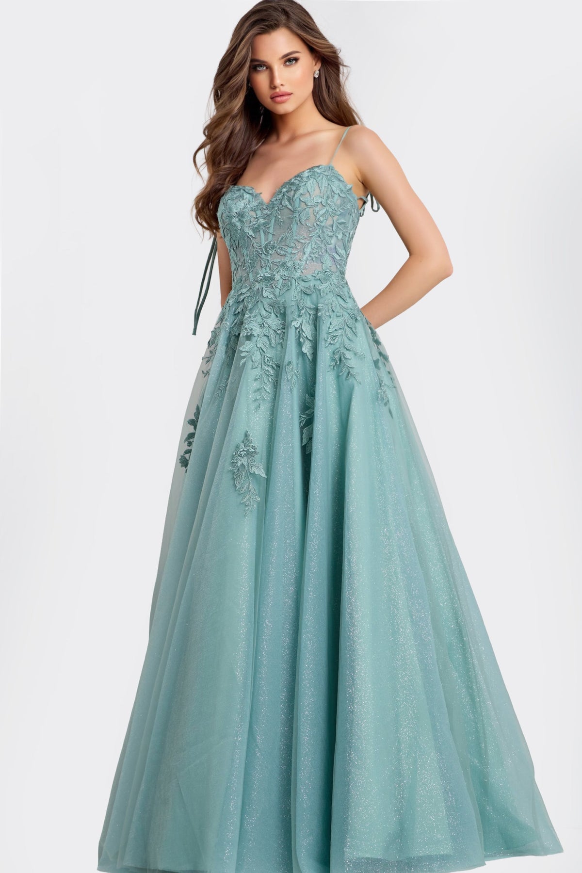 Jovani 49092 - Lace Applique Sweetheart Tulle Gown Prom Dresses Applique In Green 