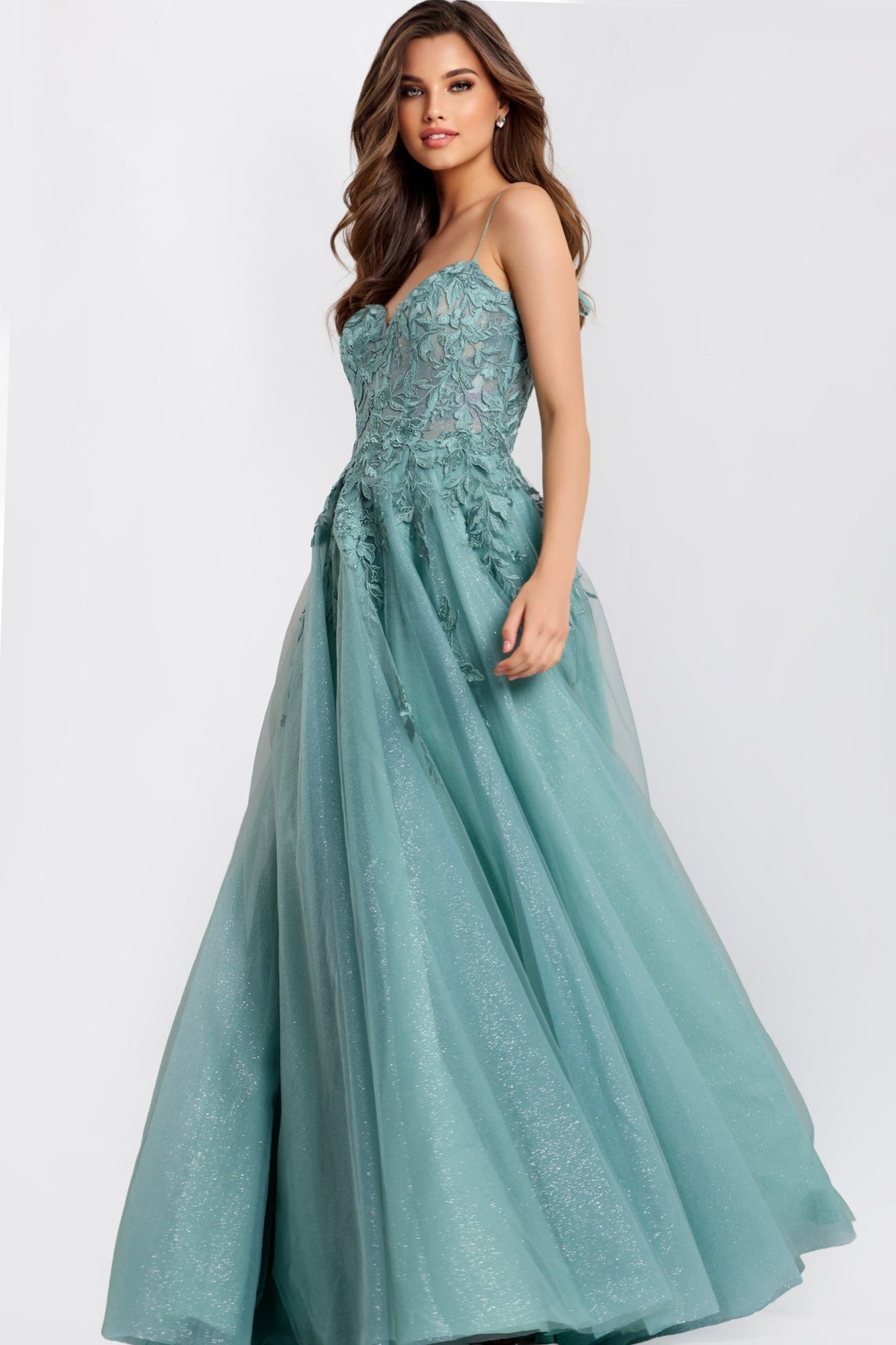 Jovani 49092 - Lace Applique Sweetheart Tulle Gown Prom Dresses Applique In Green 