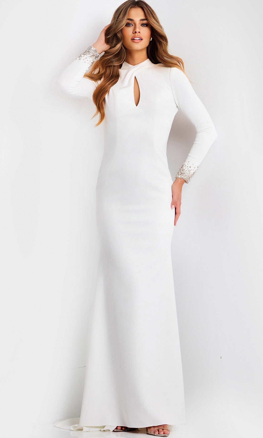 Jovani 49126 - Cutout Detail Long Sleeve Crepe Gown