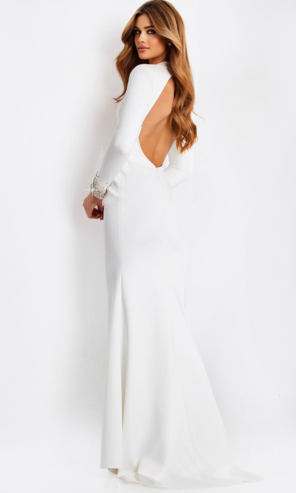 Jovani 49126 - Cutout Detail Long Sleeve Crepe Gown