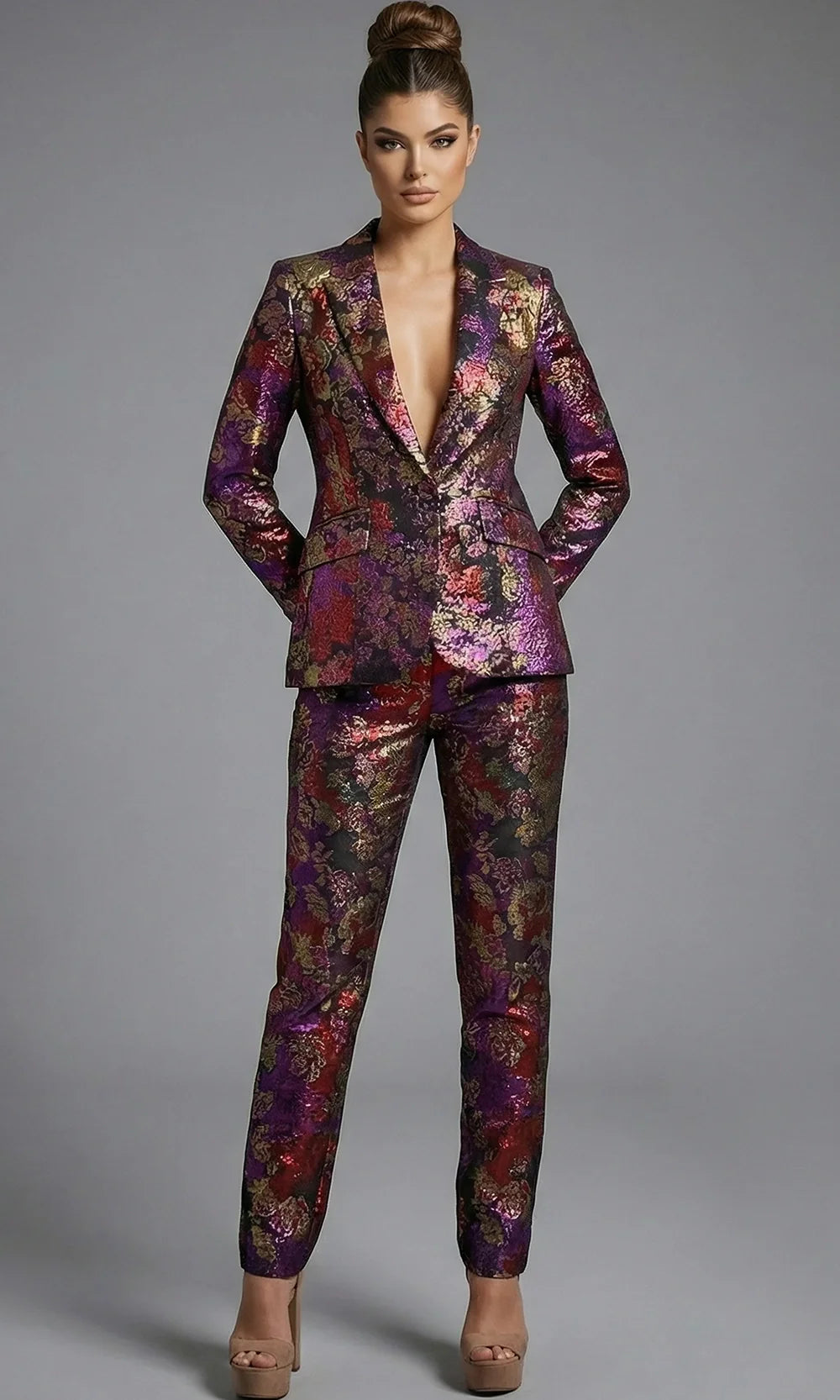 Jovani 49164 - Metallic Brocade Fitted Blazer Pantsuit Formal Pantsuits  in Red  