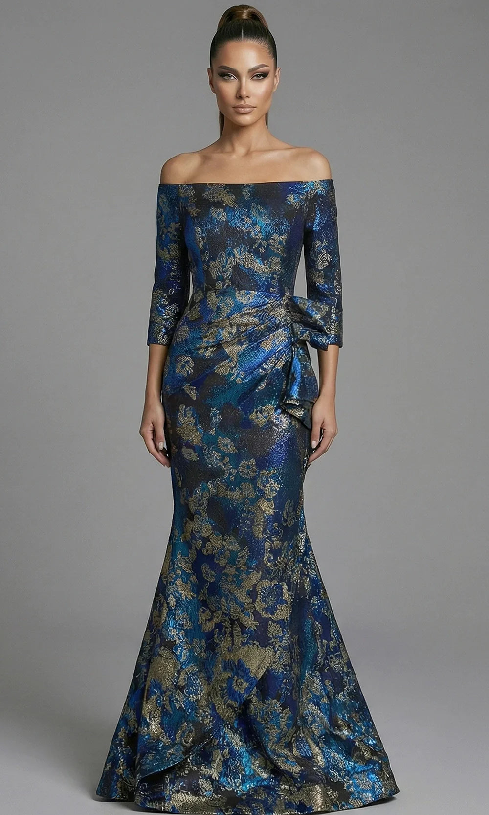 Jovani 49165 - Draped Waist Metallic Brocade Long Gown Special Occasion Dress In Blue