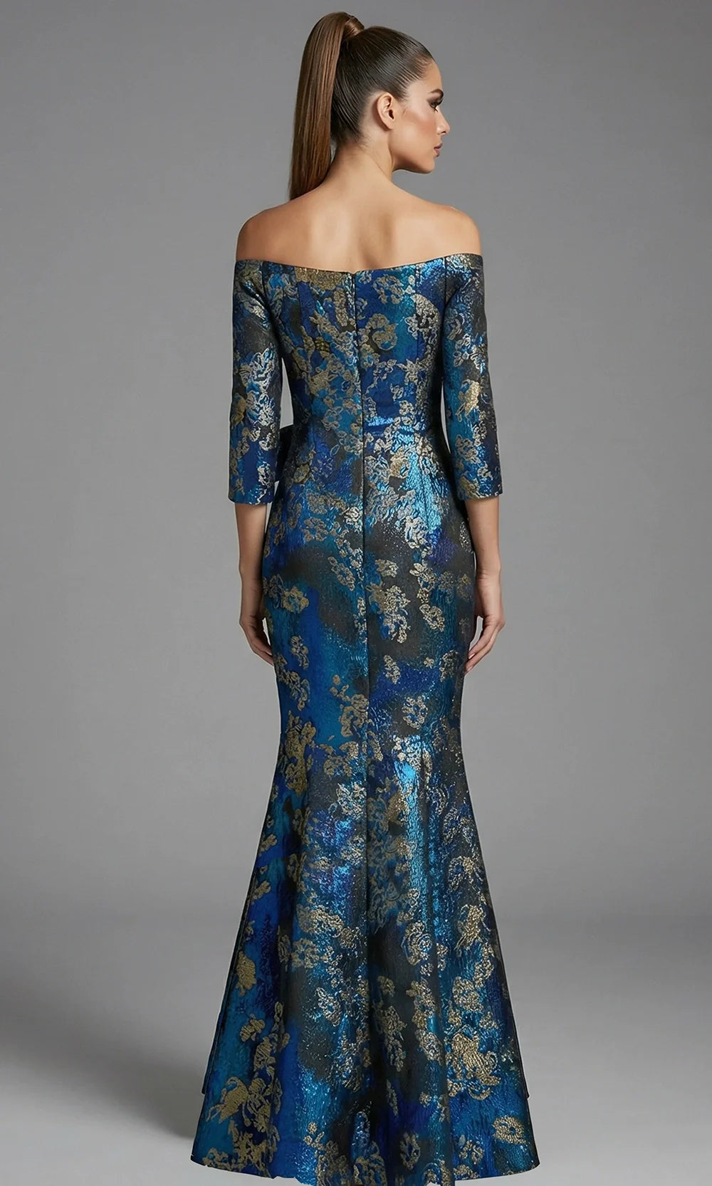 Jovani 49165 - Draped Waist Metallic Brocade Long Gown Special Occasion Dress In Blue