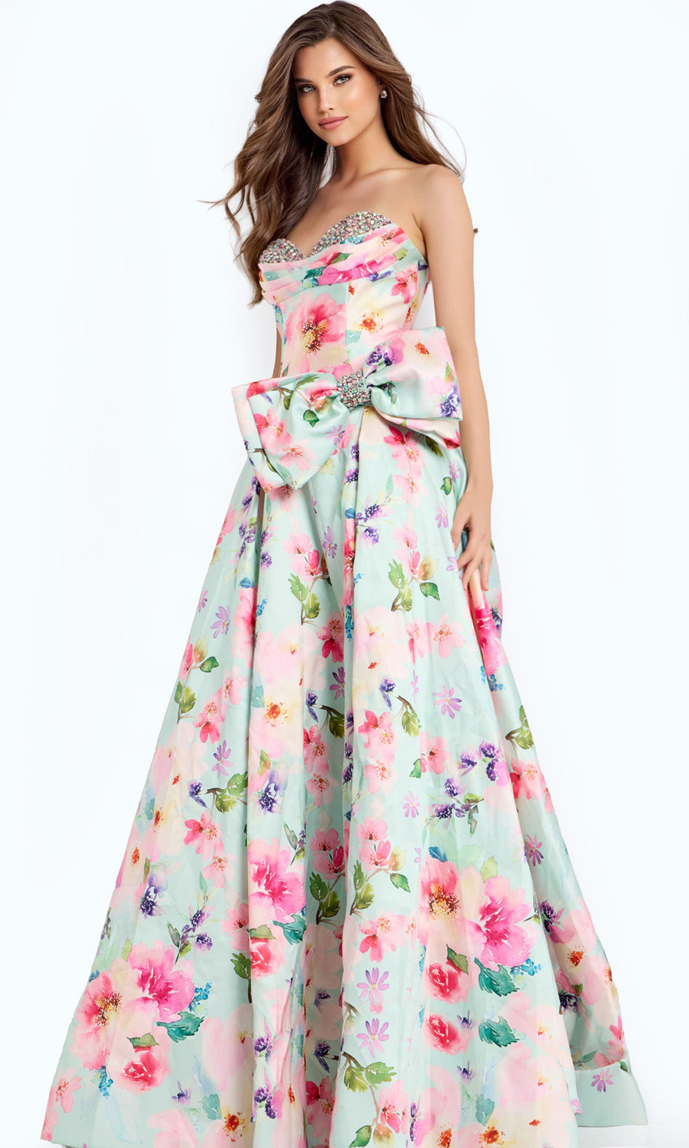 Jovani 49197 - Floral Print High Slit A-Line Dress