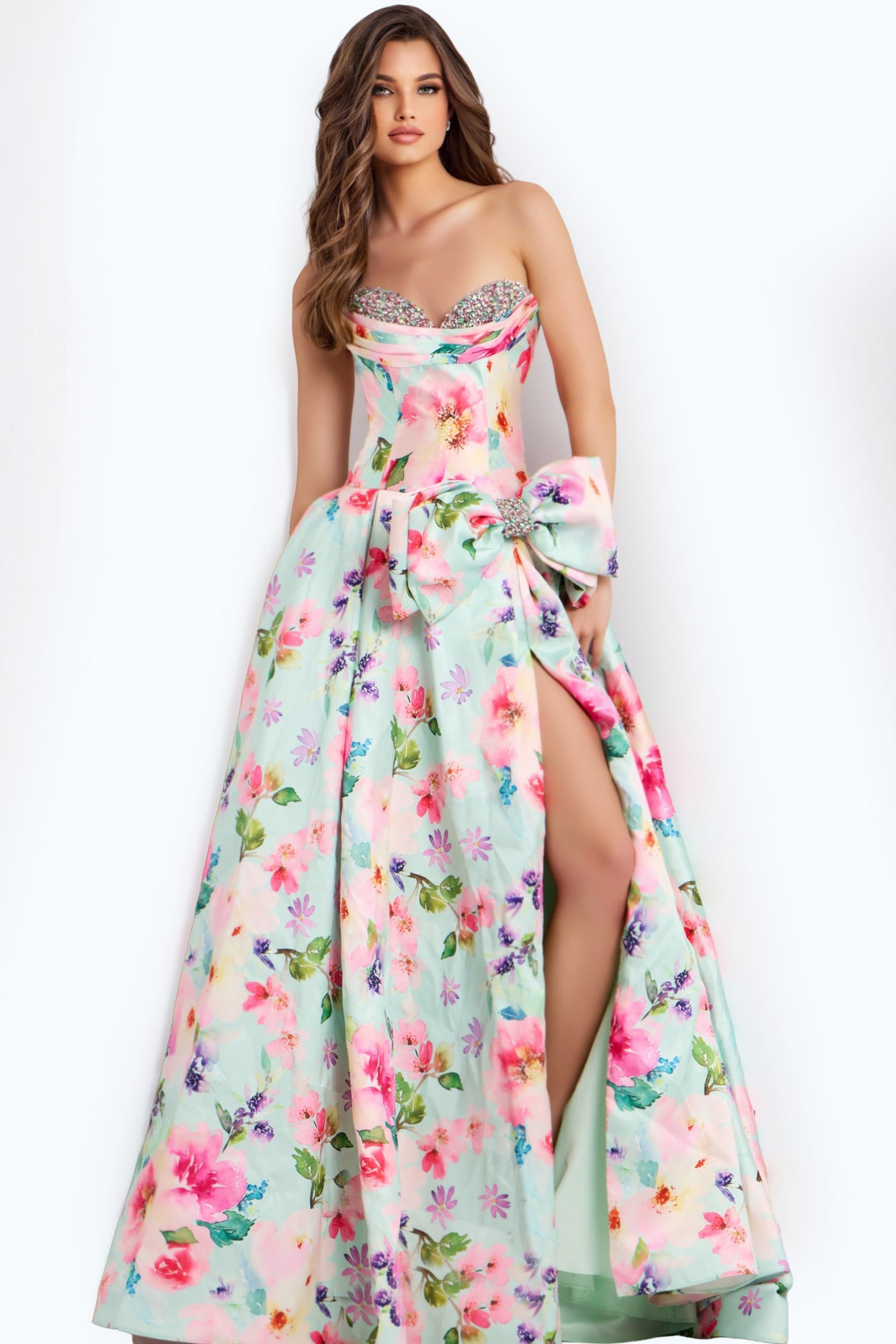 Jovani 49197 - Floral Print High Slit A-Line Dress Prom Dresses Detail In Green and Multi