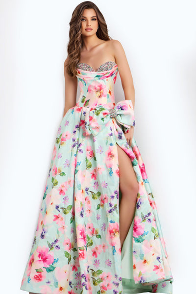 Jovani 49197 - Floral Print High Slit A-Line Dress Prom Dresses Detail In Green and Multi