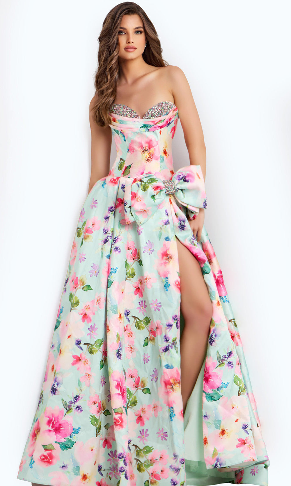 Jovani 49197 - Floral Print High Slit A-Line Dress