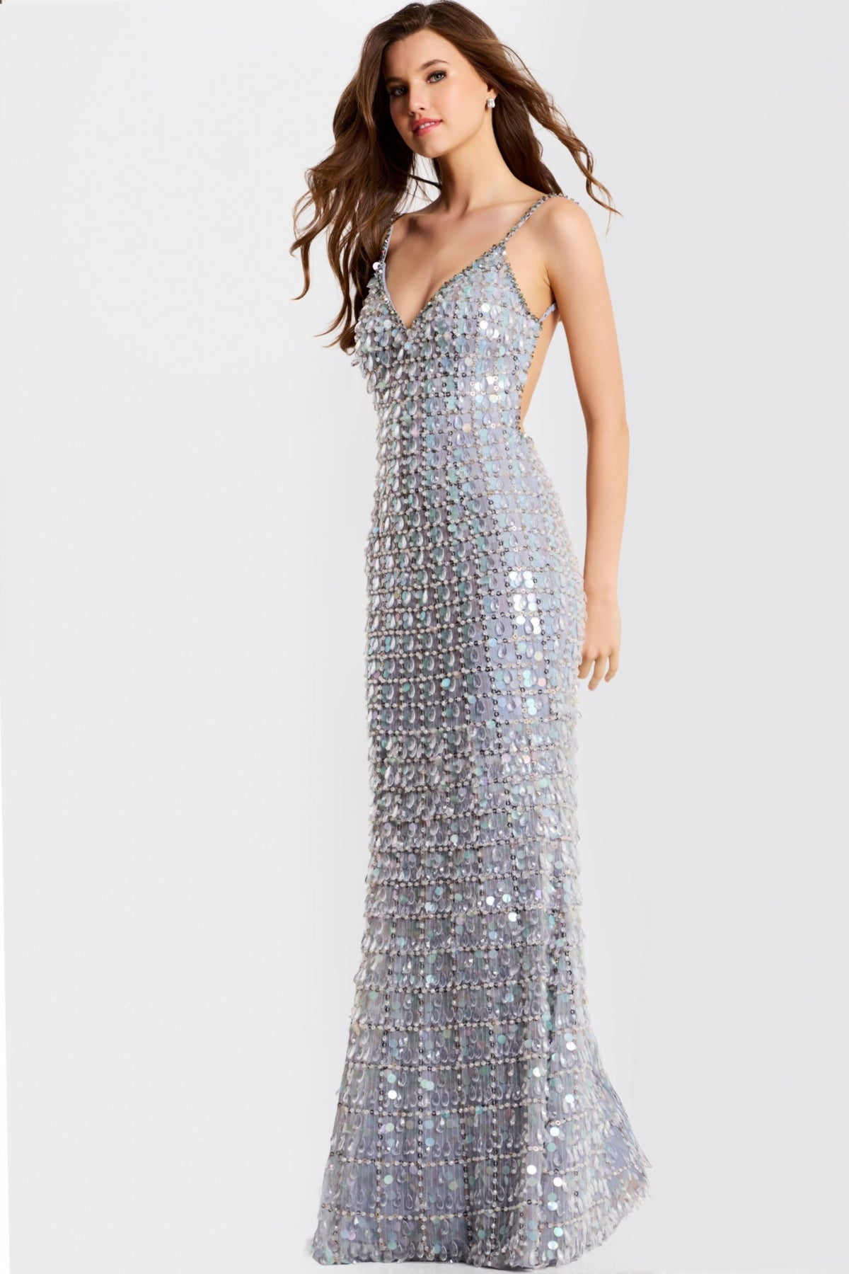 Jovani 49225 - Backless Spaghetti Strap Sequin Dress Prom Dresses In Purple