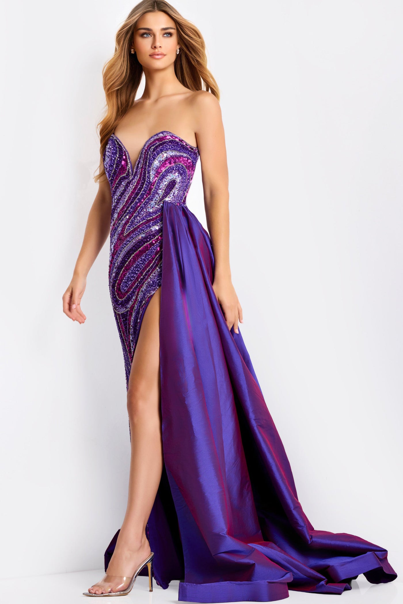 Jovani 49226 - Swirl Sequin High Slit Sheath Gown Prom Dresses in Purple and Multi