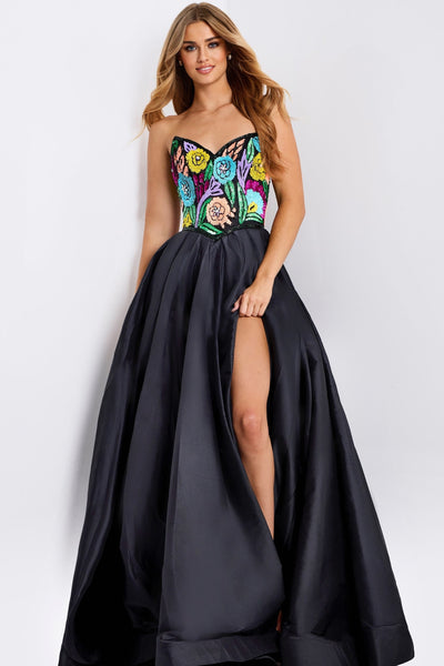 Jovani 49233 - Sweetheart Basque Ballgown with Floral Beading Prom Dresses in Black and Multi