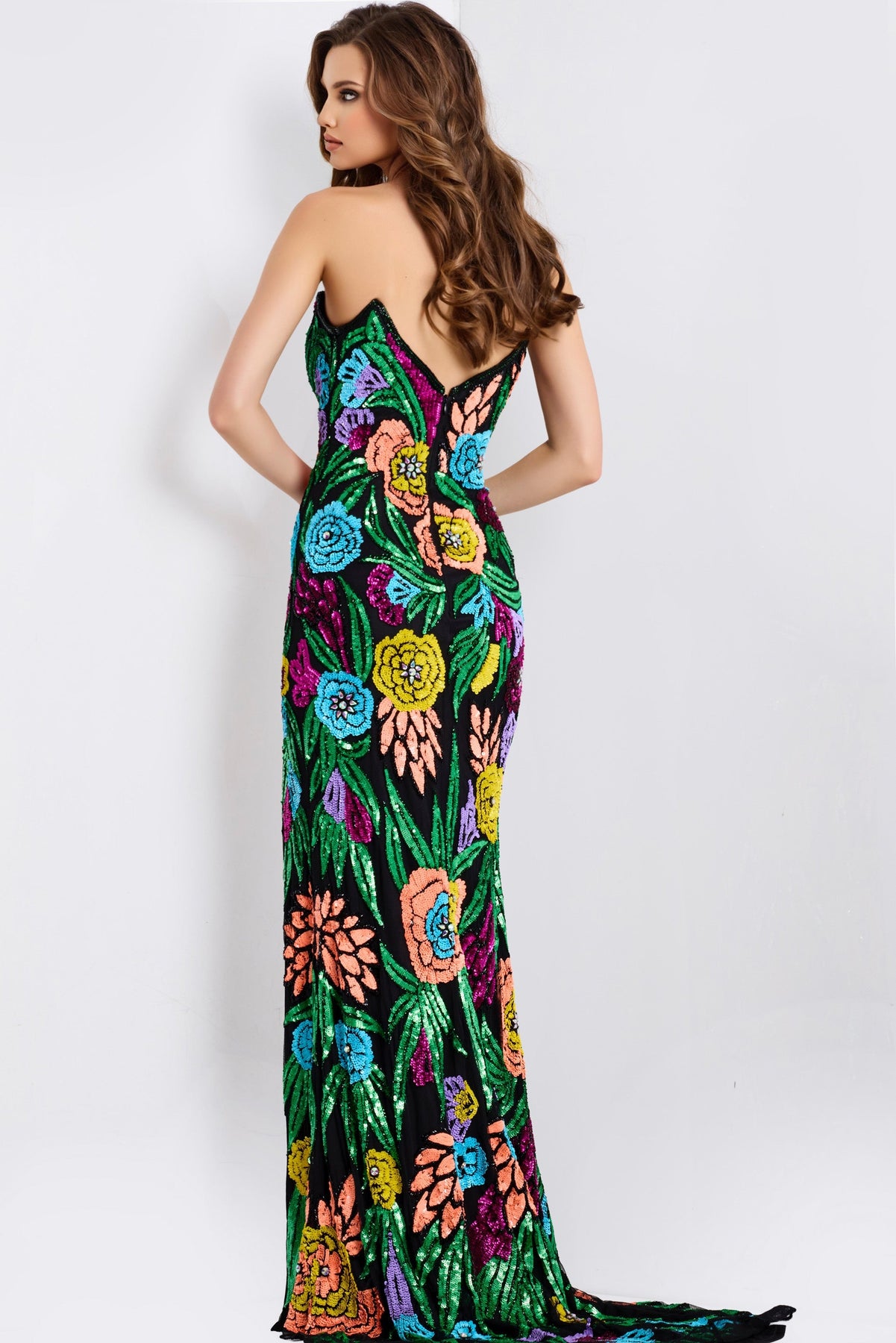 Jovani 49234 - Floral Sequin High Slit Long Gown Prom Dresses Sequin In Black and Multi