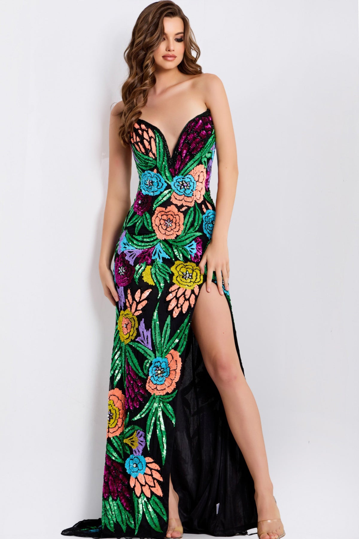 Jovani 49234 - Floral Sequin High Slit Long Gown Prom Dresses Sequin In Black and Multi