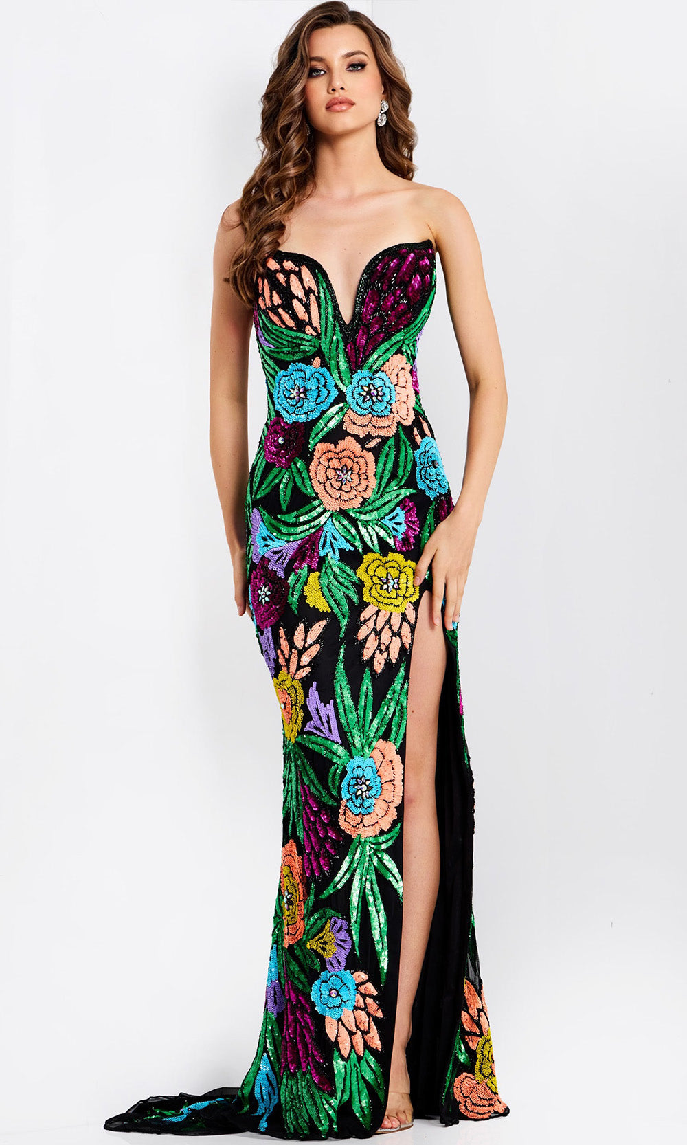 Jovani 49234 - Floral Sequin High Slit Long Gown
