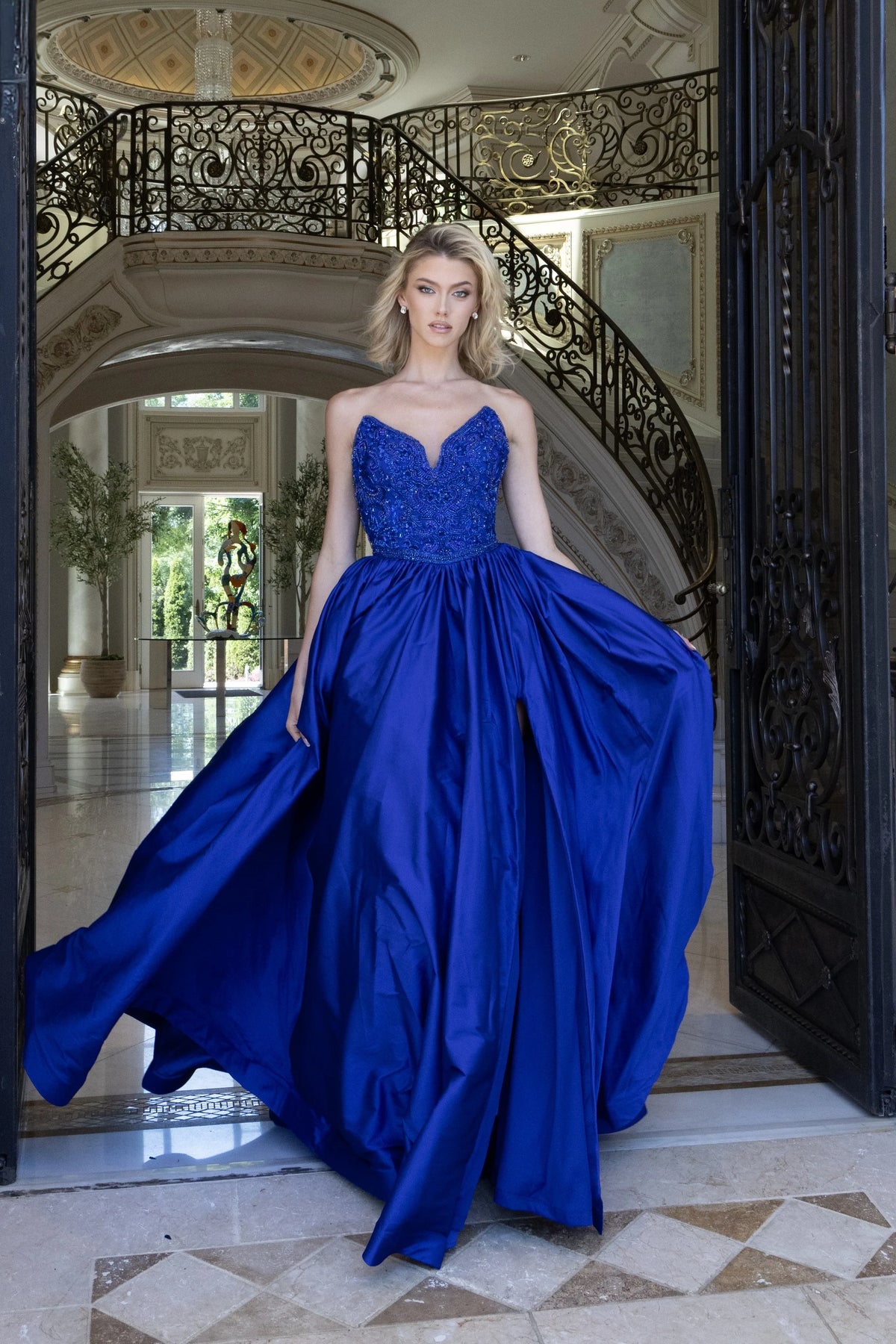 Jovani 49247 - Deep V-Neck Satin A-Line Prom Gown