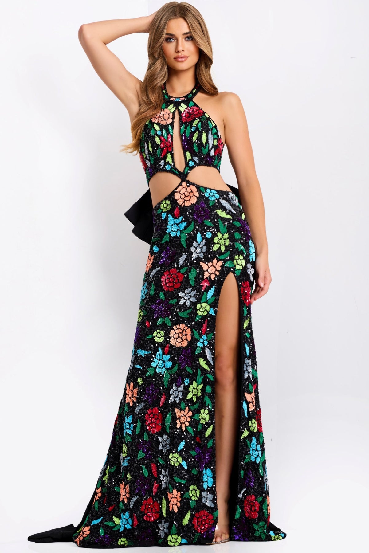 Jovani 49251 - Floral Sequin Cutout Dress with Bow Back Prom Dresses in Black and Multi