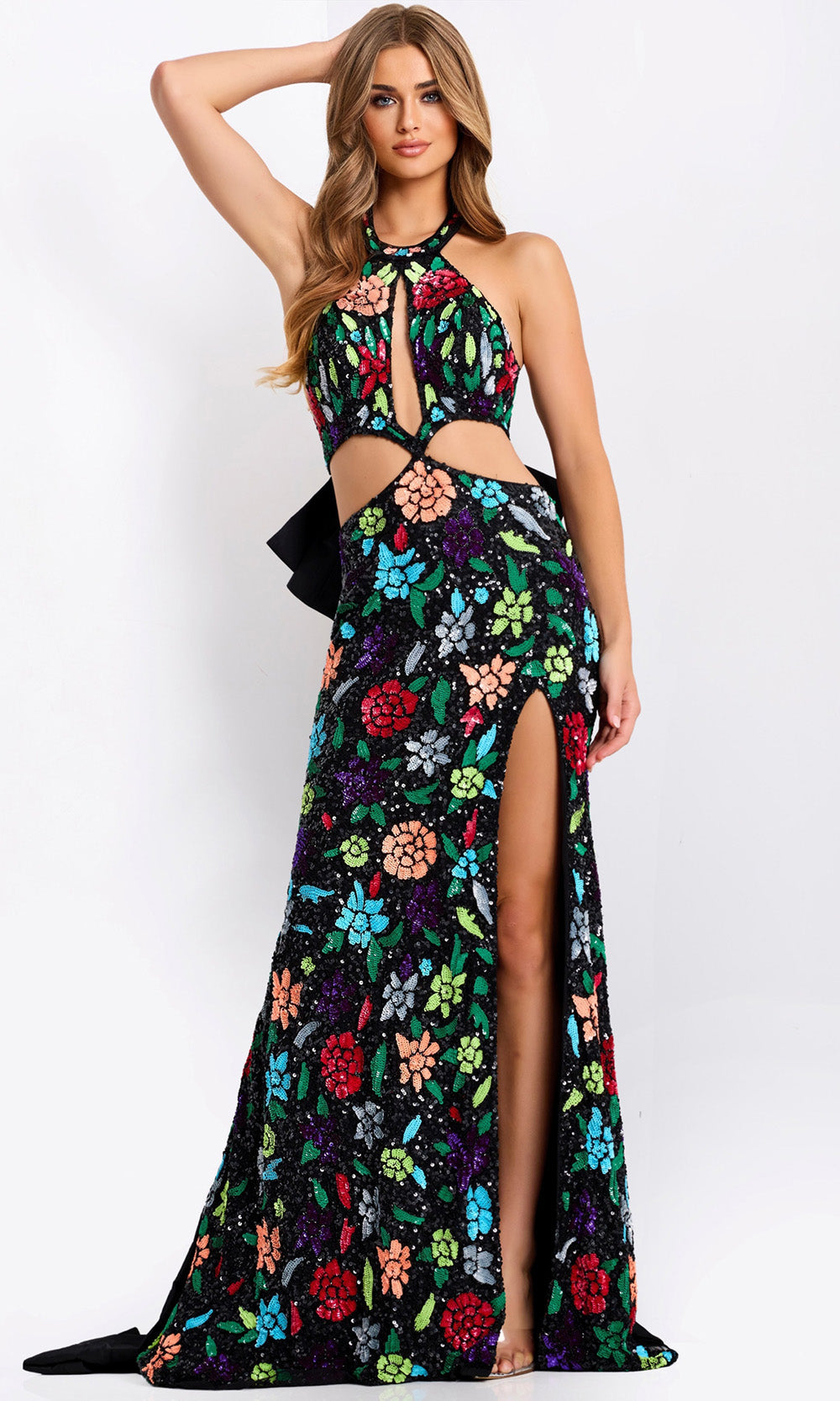 Jovani 49251 - Floral Sequin Cutout Dress with Bow Back