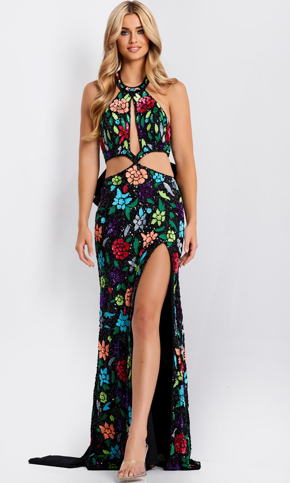 Jovani 49251 - Floral Sequin Cutout Dress with Bow Back