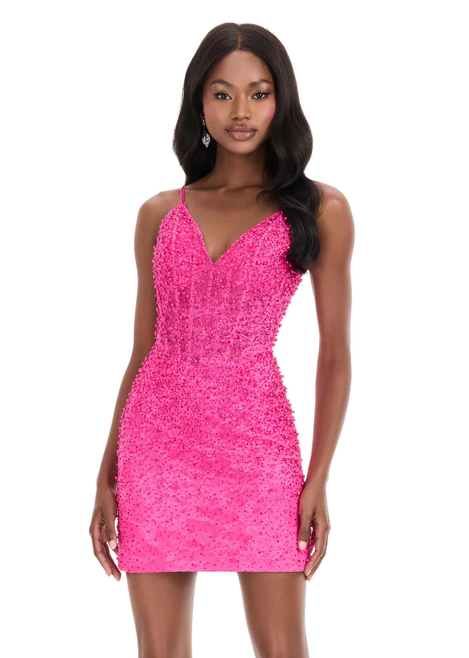 Ashley Lauren 4925 - Pearl Embellished Spaghetti Strap Dress