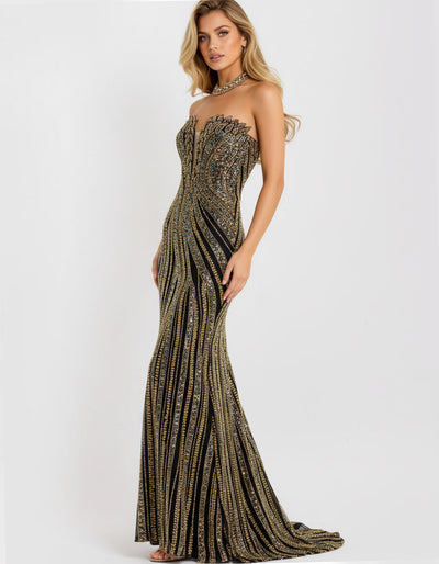 Jovani 49290 - Beaded Detail High Slit Prom Gown Prom Dresses in Black and Gold