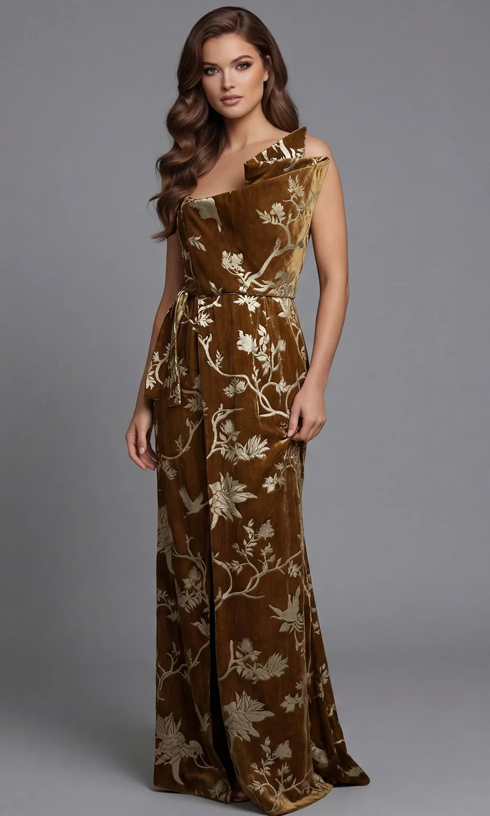 Jovani 49312 - Velvet Floral Strapless Gown with Waist Tie Evening Dresses  in Brown  