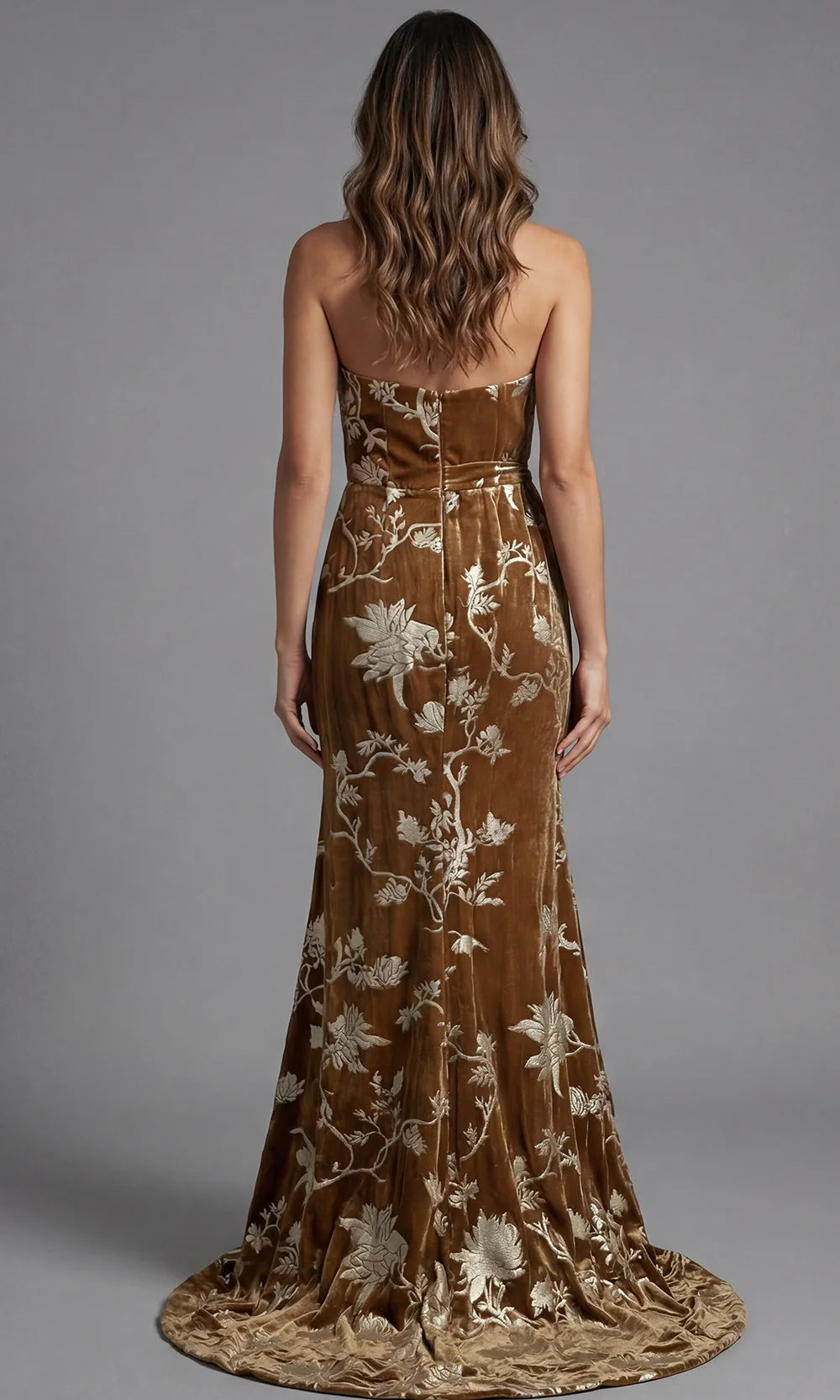 Jovani 49312 - Velvet Floral Strapless Gown with Waist Tie Evening Dresses  in Brown  
