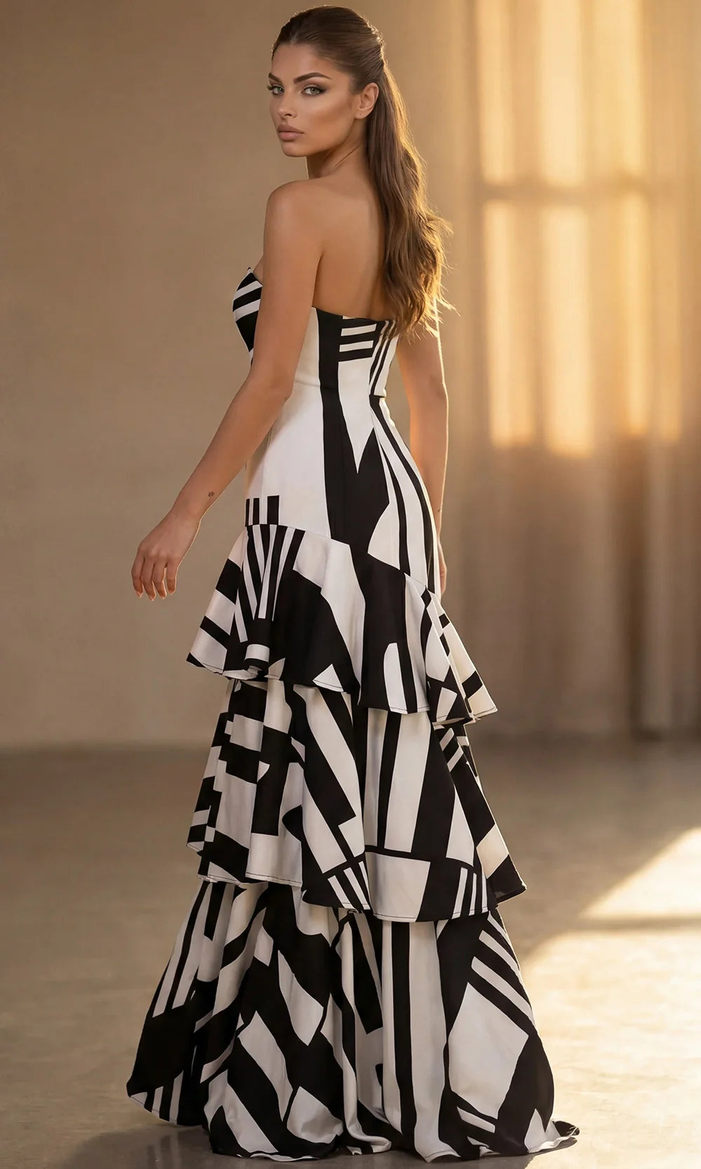 Jovani 49317 - Trumpet Printed Satin Evening Gown Evening Dresses  in Black White