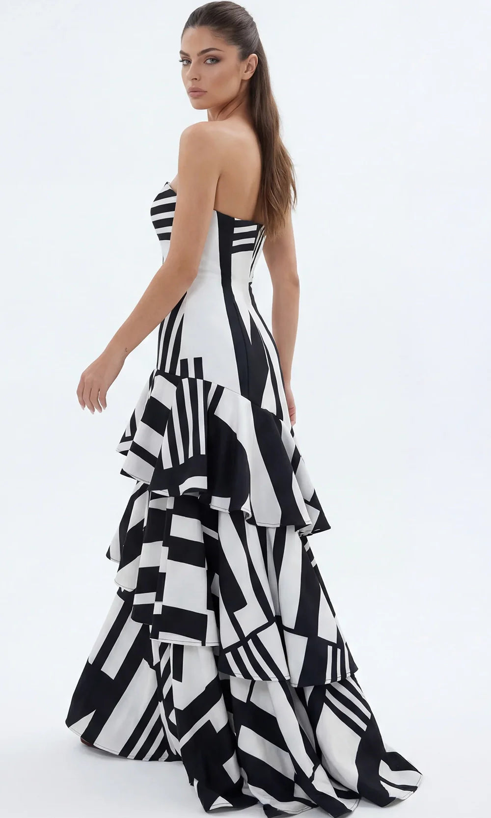 Jovani 49317 - Trumpet Printed Satin Evening Gown Evening Dresses  in Black White