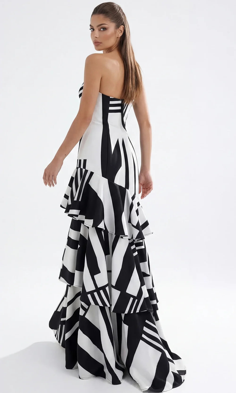 Jovani 49317 - Abstract Print Tiered Evening Gown with Bow Special Occasion Dress In Black White