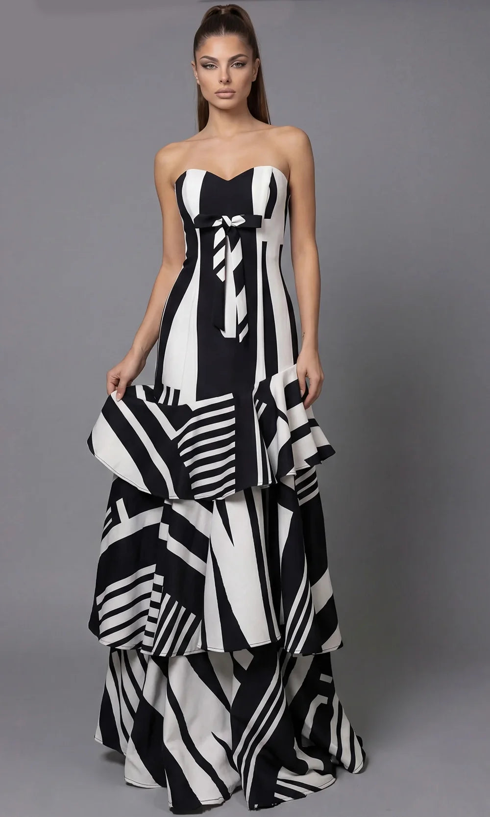Jovani 49317 - Abstract Print Tiered Evening Gown with Bow Special Occasion Dress In Black White
