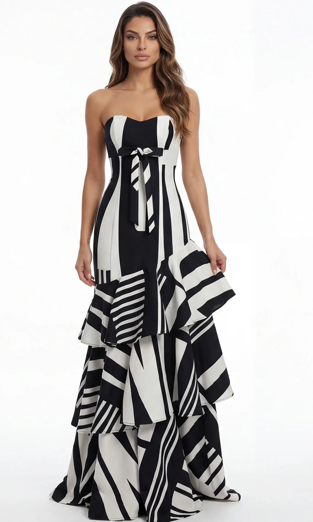 Jovani 49317 - Abstract Print Tiered Evening Gown with Bow Special Occasion Dress In Black White