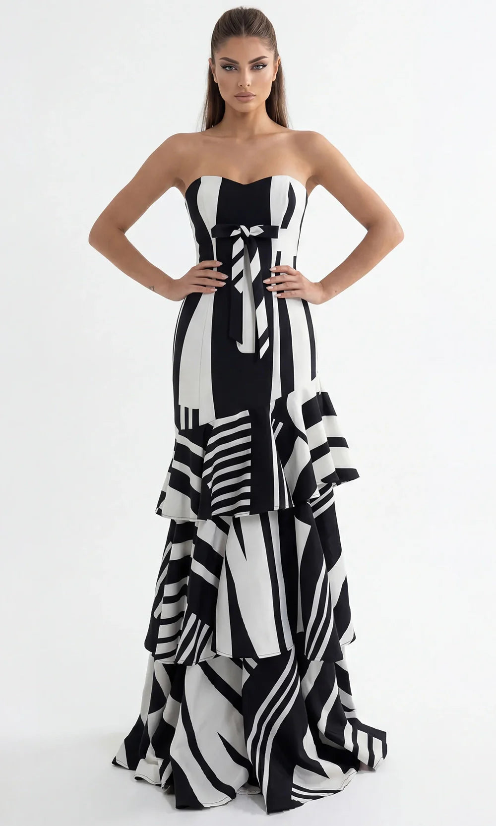 Jovani 49317 - Trumpet Printed Satin Evening Gown Evening Dresses  in Black White