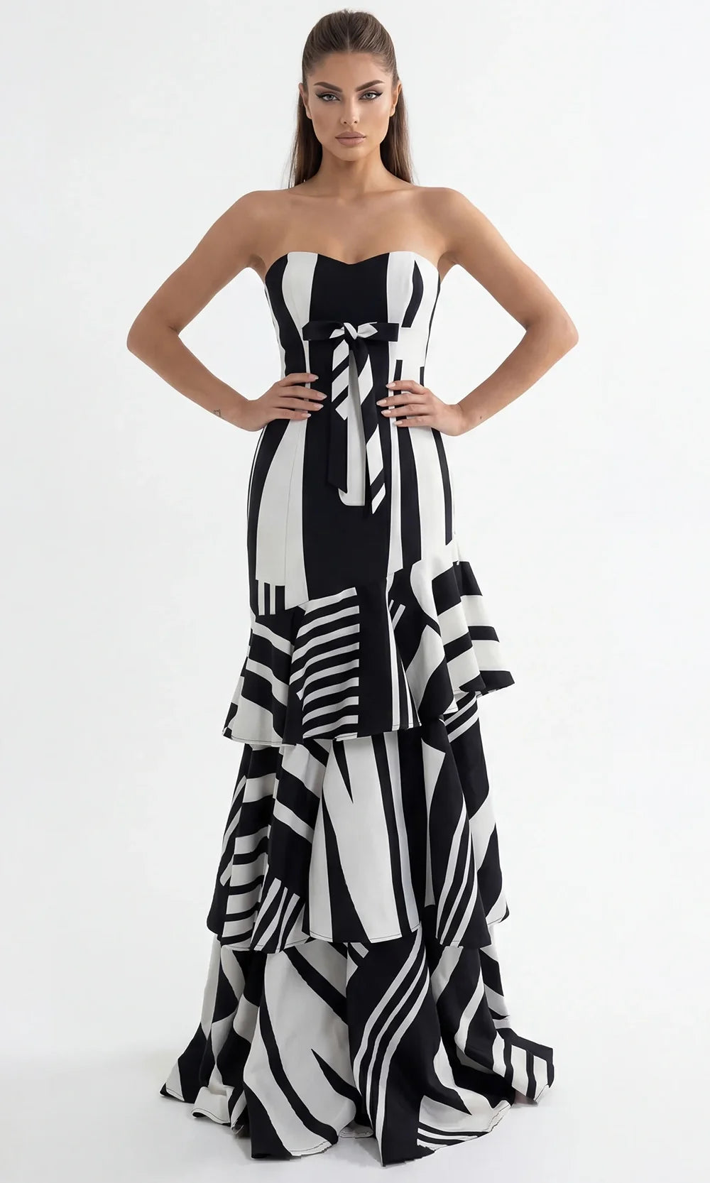 Jovani 49317 - Abstract Print Tiered Evening Gown with Bow Special Occasion Dress In Black White