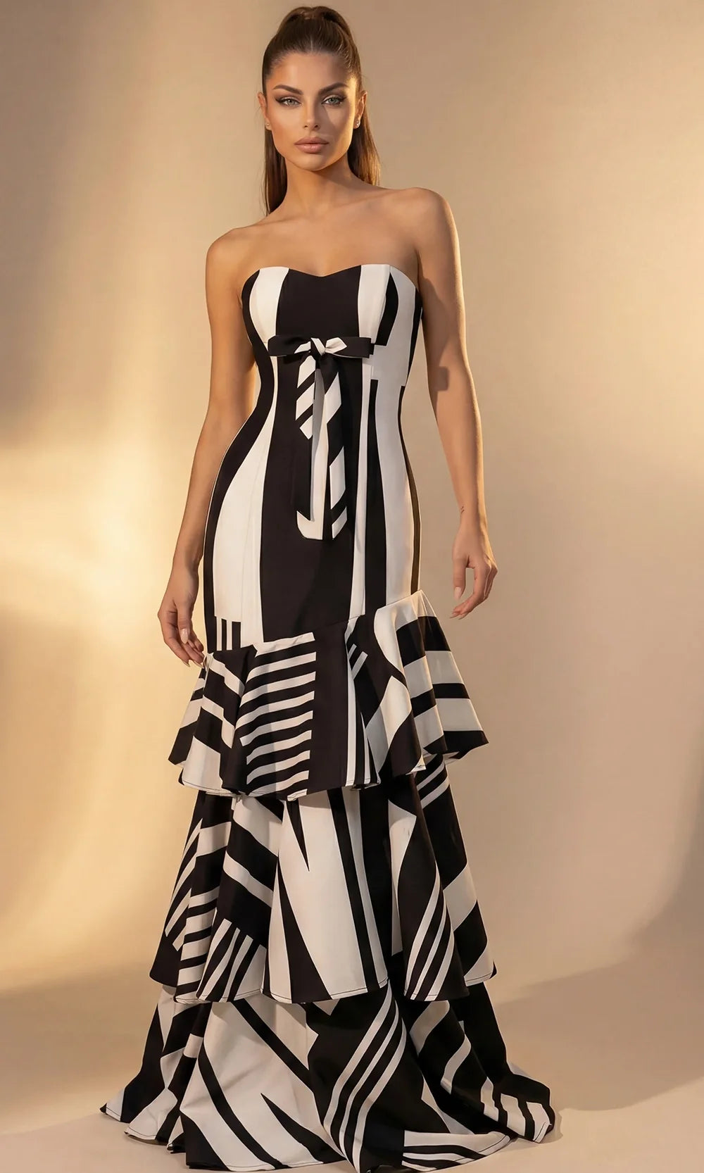 Jovani 49317 - Abstract Print Tiered Evening Gown with Bow Special Occasion Dress In Black White
