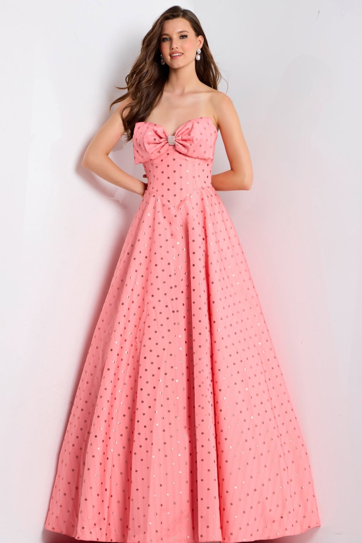 Jovani 49340 - Bow Neckline Polka Dot Prom Gown Prom Dresses in In Pink