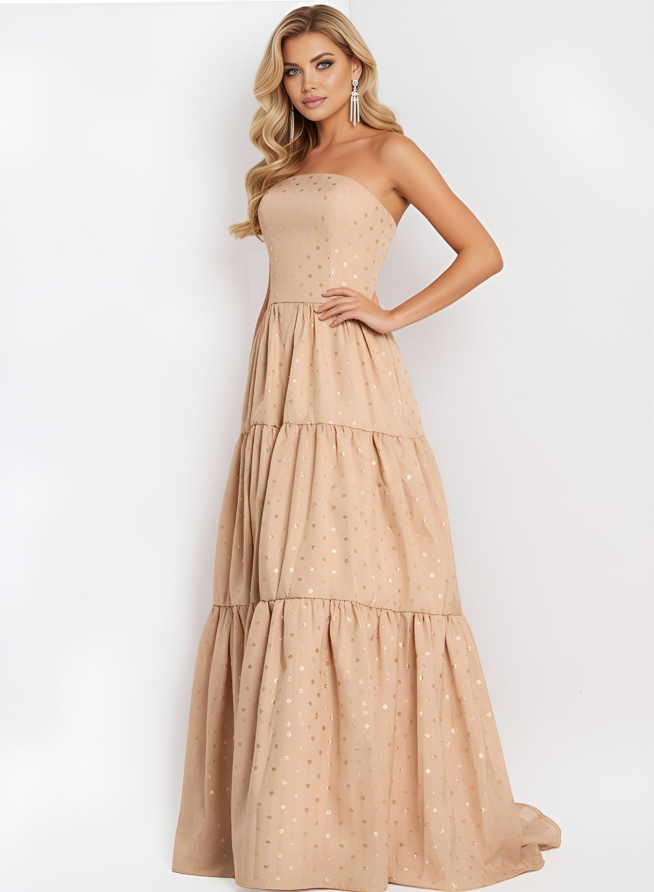 Jovani 49341 - Tiered A-Line Dress with Polka Dot Detail Prom Dresses In Gold