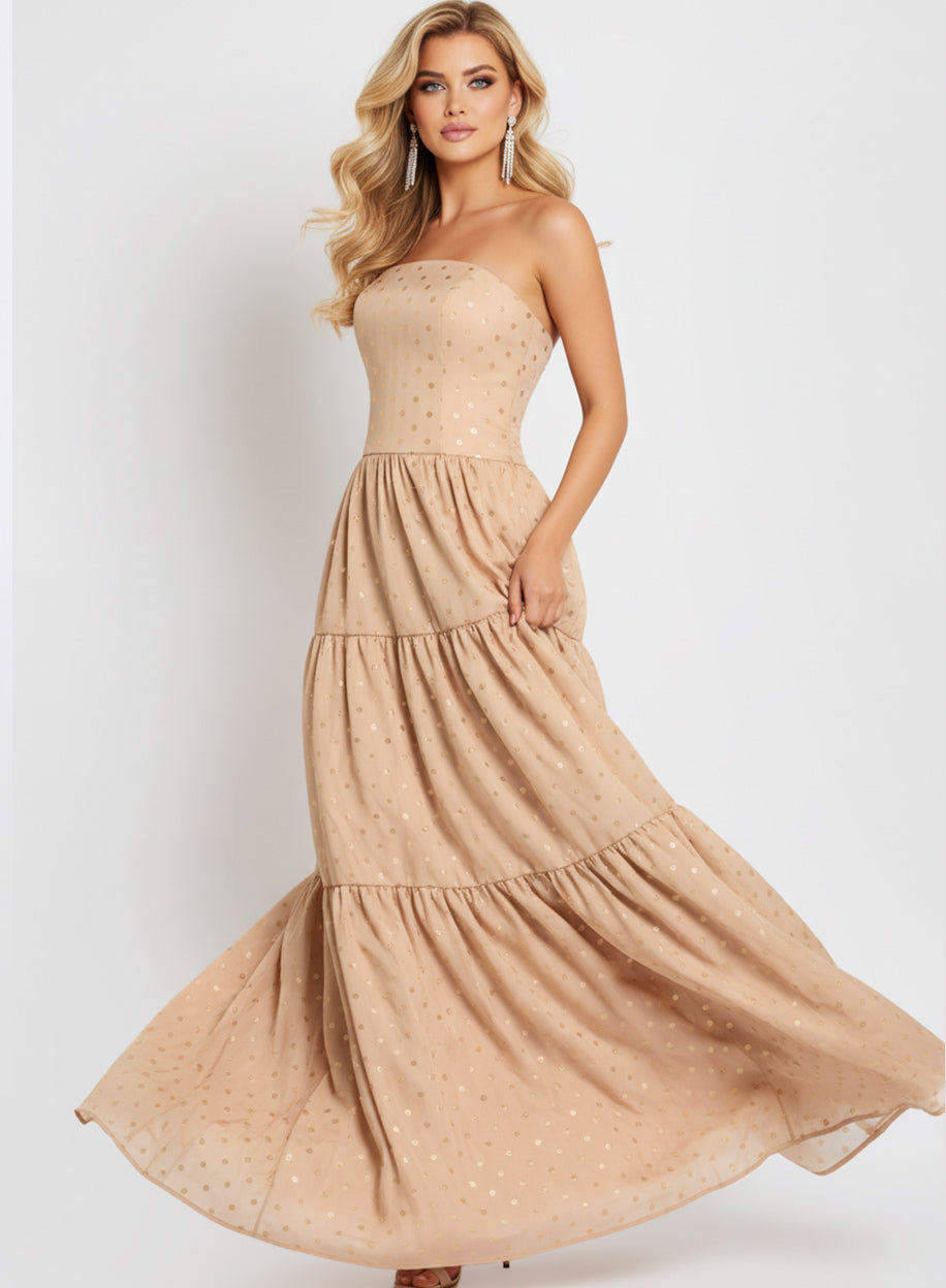 Jovani 49341 - Tiered A-Line Dress with Polka Dot Detail Prom Dresses In Gold